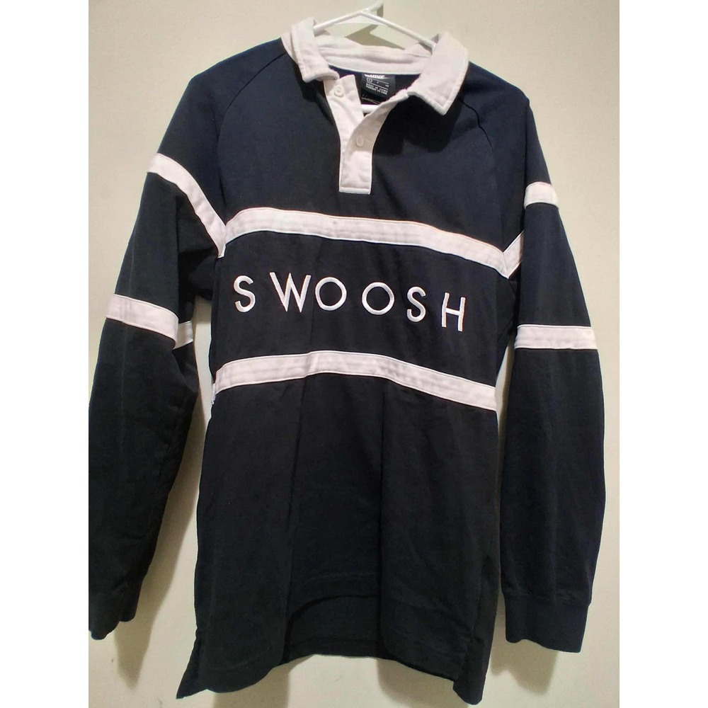 Nike Swoosh Rugby Shirt Mens Small Black Long Sleeve‎ Collared Pullover Top